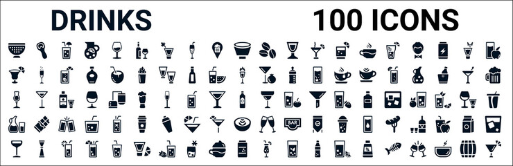 Wall Mural - set of 100 glyph drinks web icons. filled icons such as opener,last word drink,pomegranate martini,m