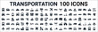 © Digital Bazaar - set of 100 glyph transportation web icons. filled icons such as litter car,off road,monorail,jalopy,vespa,subway,cargo ship,schooner. vector illustration