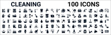 Set Of 100 Glyph Cleaning Web Icons. Filled Icons Such As Shampoo,sanitize,dishwashing Detergent,cleaning Tools,cleaning House,trash,broom,suspension. Vector Illustration