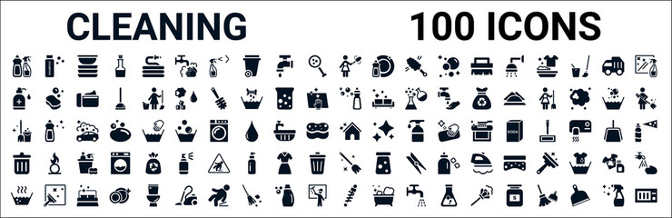 Wall Mural - set of 100 glyph cleaning web icons. filled icons such as shampoo,sanitize,dishwashing detergent,cle