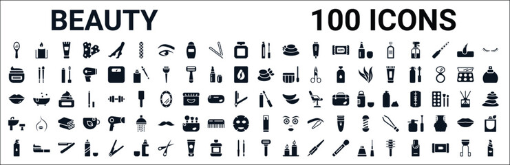 Wall Mural - set of 100 glyph beauty web icons. filled icons such as candle,facial cream,massage,lips,lip gloss,h