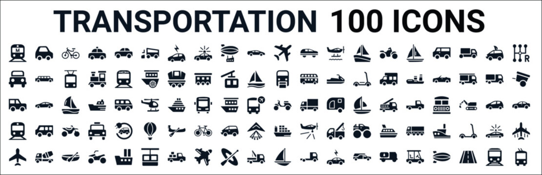 set of 100 glyph transportation web icons. filled icons such as litter car,off road,monorail,jalopy,