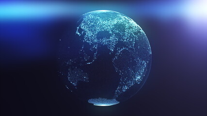 Poster - Globe composed of particles and dots illuminated by rays of light. Computer generated 3d rendering of digital earth background