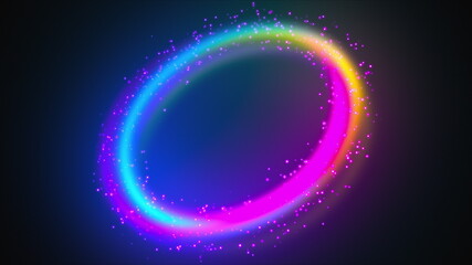 Poster - Ring shape from rainbow lines and colored luminous particles. 3d render computer generated abstract background