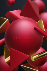 Poster - Red and golden geometric shapes cluster. Abstract elegant background.