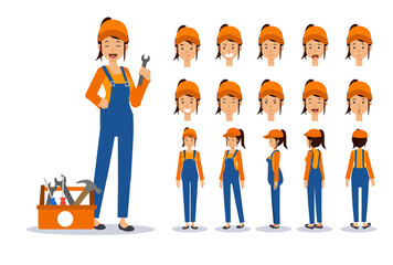 Wall Mural - Female mechanic,repairer in various views, Cartoon style.Flat Vector Character illustration