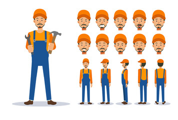 Wall Mural - Male mechanic,repairer in various views, Cartoon style.Flat Vector Character illustration