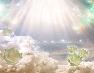 Wall Mural - mystical sky with angelic divine rays of light with white roses like spiritual, magic, mystic and ro