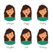 Curly hairstyle woman emotions cartoon expressions collection