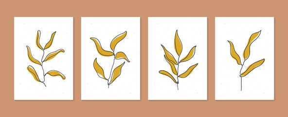 Wall Mural - Botanical wall art vector set. Minimal and natural wall art. Boho foliage line art drawing with abstract shape. Abstract Plant Art design for print, wallpaper, cover. Modern vector illustration.