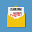 paper document claim form with stamp approved in opened envelope, flat vector illustration