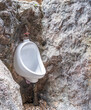 white urinal for male decoration on wall mountain in natural hill. strange idea install urine flush.