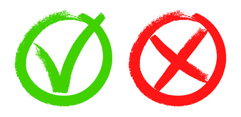 Doodle checkmarks. Grunge brush stroke tick and cross signs. Green v mark, red x sign. Yes or no checklist marks in circles vector set. Correct and wrong answers choice. Positive, negative