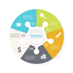 Circle puzzle infographic template for cycle diagram, graph, web design, presentation and round chart. Puzzle business concept with 5 steps, options or processes. Vector abstract background.