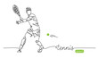 Tennis player simple vector background, banner, poster with man, racket and ball. One line drawing art illustration of male tennis player