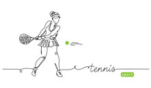 Tennis Player Simple Vector Background, Banner, Poster With Woman, Racket And Ball. One Line Drawing Art Illustration Of Tennis Player