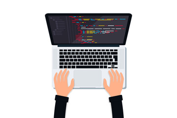 Fototapete - Programmer working on pc laptop with program code on screen top view. Web development, application design, coding and programming on computer concept with programming language and program code