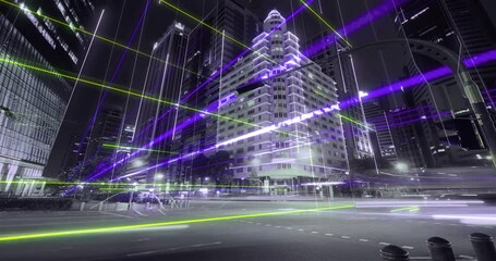 Wall Mural - modern cityscape with futuristic network connection. technology concept. hyperlapse