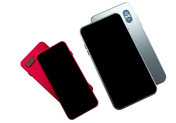 Poster - Smartphone frame with black screen. Smartphone design rotated position. Smartphones from different angles. Mockup generic device. Red and silver phones on a white background. 3D realistic phones.