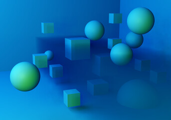 Poster - Background with balls and cubes. Blue background with geometric elements. Visualization of pattern with non-visibility. Geometric abstract. Blue background on abstract theme. 3d rendering.