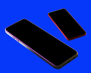 Poster - Purple and red smartphone. Two smartphones on blue background. Realistic smartphone models for design. Phones for application demonstration. Smartphones for displaying applications screen. 3d image