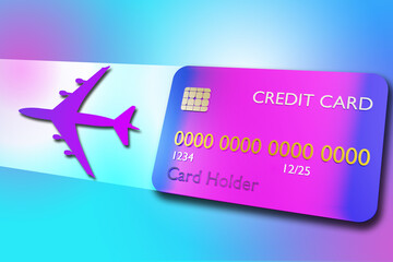 Credit card travel. Traveler bank card. Credit card on birch background. Silhouette of airplane next to her. Metaphor of buying air ticket on Internet Buying air ticket for travel. 3d image