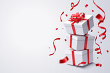 Fototapeta Góry - Falling gift box stack on white, Valentine's day and anniversary celebrate
