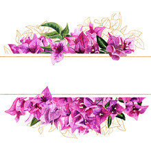 Frame With Watercolor And Golden Bougainvillea Flowers