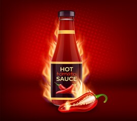 Sticker - Realistic Detailed 3d Red Tomato Ketchup Sauce Bottle and Burning Chili Pepper in Fire on a Red Background. Vector