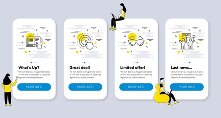 Poster - Set of Business icons, such as Eyeglasses, Click hand, Technical documentation icons. UI phone app screens with people. Voting campaign line symbols. Optometry, Touch gesture, Manual. Vector
