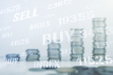 Poster - Multi exposure of virtual abstract financial graph interface on coins background, financial and trading concept