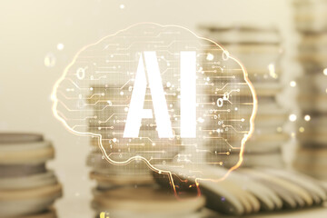 Poster - Double exposure of creative artificial Intelligence interface on growing stacks of coins background. Neural networks and machine learning concept