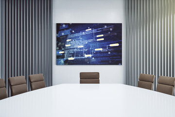 Aufkleber - Abstract software development hologram on presentation tv screen in a modern meeting room, research and analytics concept. 3D Rendering
