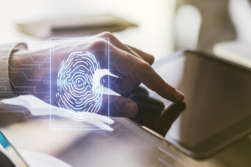 Aufkleber - Abstract creative fingerprint illustration with finger clicks on a digital tablet on background, personal biometric data concept. Multiexposure