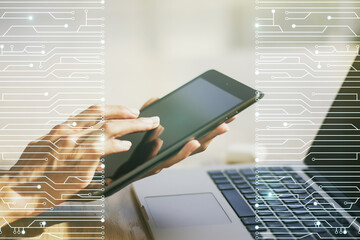 Aufkleber - Creative concept of microscheme illustration and finger clicks on a digital tablet on background. Big data and database concept. Multiexposure