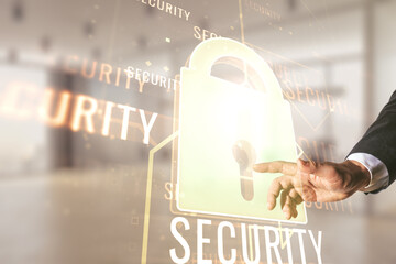 Aufkleber - Double exposure of male hand presses on virtual creative lock hologram with chip on blurred office background. Information security concept