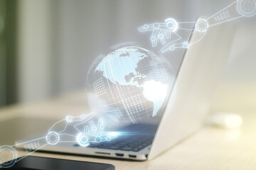 Aufkleber - Creative abstract robotics technology hologram with globe on modern computer background, artificial intelligence and machine learning concept. Multi exposure