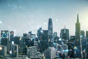 Poster - Double exposure of abstract virtual technology hologram on San Francisco city skyscrapers background. Research and development software concept