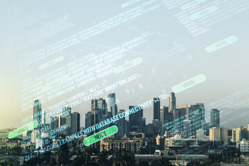Poster - Double exposure of abstract creative programming illustration on Los Angeles office buildings background, big data and blockchain concept
