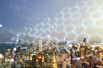 Poster - Abstract virtual wireless technology hologram with hexagon on Chicago cityscape background, artificial intelligence and machine learning concept. Multi exposure