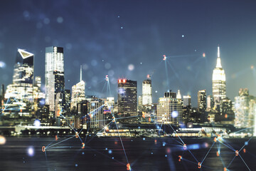 Poster - Abstract virtual wireless technology hologram on New York cityscape background, artificial intelligence and machine learning concept. Multi exposure