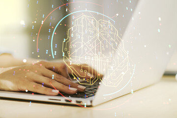 Poster - Creative artificial Intelligence concept with human brain sketch and hands typing on computer keyboard on background. Double exposure