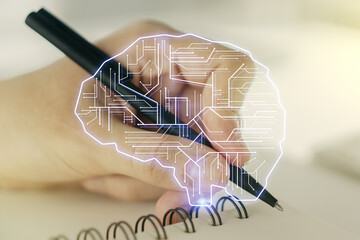 Poster - Double exposure of creative artificial Intelligence symbol with man hand writing in notebook on background. Neural networks and machine learning concept