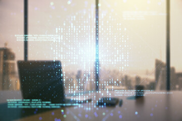 Poster - Creative code skull hologram and modern desktop with pc on background, cybercrime and hacking concept. Multiexposure