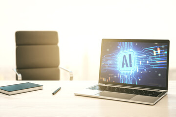 Aufkleber - Modern computer monitor with creative artificial Intelligence icon. Neural networks and machine learning concept. 3D Rendering