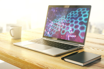 Poster - Creative abstract wireless technology hologram with hexagon on modern computer monitor, artificial intelligence and machine learning concept. 3D Rendering