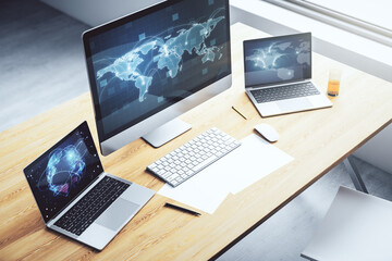 Aufkleber - Computer monitor with abstract graphic digital world map with connections, globalization concept. 3D Rendering