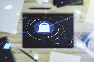 Poster - Creative lock illustration with microcircuit and modern digital tablet on desktop on background, top view, cyber security concept. Multiexposure
