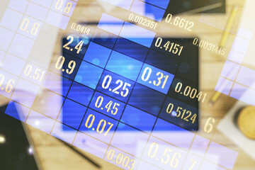 Poster - Multi exposure of abstract statistics data hologram interface and modern digital tablet on background, computing and analytics concept