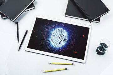 Aufkleber - Modern digital tablet monitor with abstract creative fingerprint hologram, research and development concept. Top view. 3D Rendering